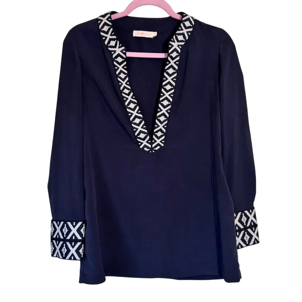Tory Burch Blue Pullover Tunic Blouse Womens 4 Boho Embroidered Top Beachy